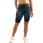 Biker shorts with mesh and pockets in black print