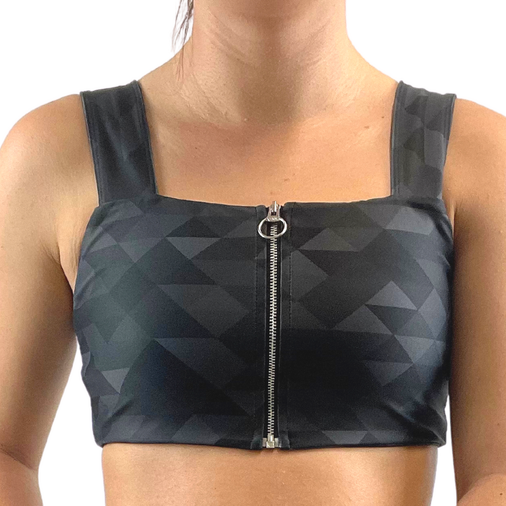Zip sports bra in black print